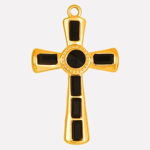 Detailed view of a gold 304 stainless steel cross pendant with black gemstone inlays