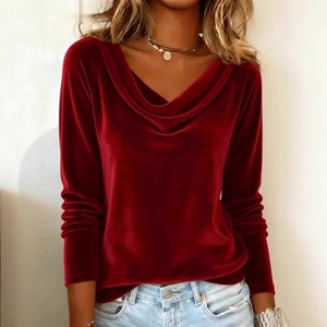 Elegant red velvet long sleeve top for women featuring a sexy draped cowl neckline