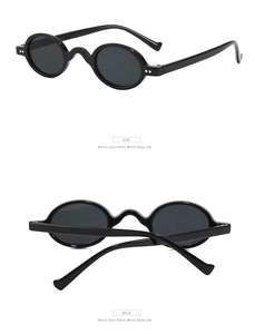 Detail view of retro oval steampunk sunglasses showing side and back frame structure