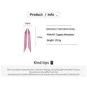 Detail view showing 17cm long pink rhinestone tassel earrings with dimensions measurement