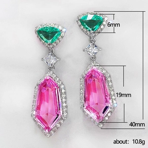 Detailed dimensions of long drop earrings with pink and green 3A zircon stones