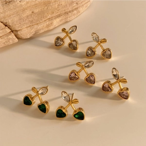 Heart Cherry Stud Earrings Stainless Steel Zircon Crystal Sweet Cute Novelty Fruit Jewelry For Women Gift