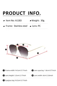 Detailed size chart for stainless steel pilot sunglasses with lens and frame dimensions