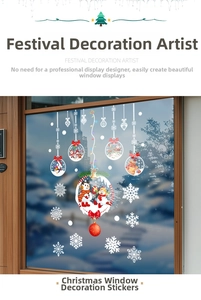 Detailed Christmas window decals featuring white snowflakes and red cartoon ornaments