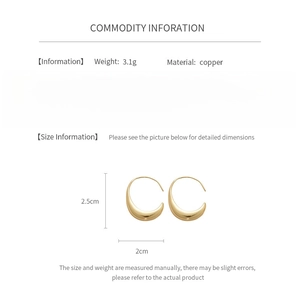 Detailed spec sheet showing 14k gold plated oval hoop earrings with 2.5cm size dimension