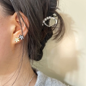 Detail of floral earrings with gold and black edges shown on ear for size