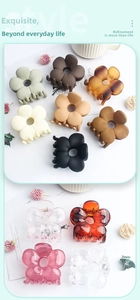 Detail of large flower hair claws in matte and jelly finishes with various colors