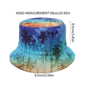 Detailed size specifications for tropical gradient fisherman hat with palm tree prints