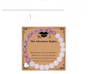 8mm rose quartz beads bracelet with heart pendant on graduation gift message card