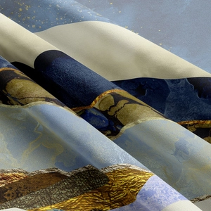 Close-up of modern abstract mountain tapestry showing detailed fabric texture and gold veins