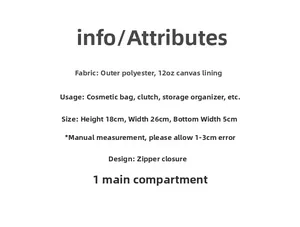 Detailed size specifications and durable polyester-canvas material of the striped makeup bag