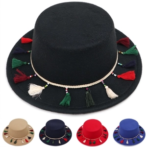 Chapeau Boater Feutre Fedora À Large Bord Avec Glands Colorés Perles Style Bohème Ethnique Pour Femmes Hommes Voyage Fête