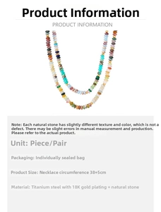 Detail view of colorful natural stone necklace with 18K gold plated steel chain specs