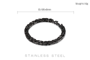 Detail view of 6mm black stainless steel weave chain bracelet with weight and size specifications