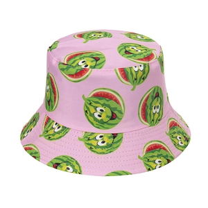 Detail of pink cotton bucket hat featuring cute cartoon watermelon patterns and stitching