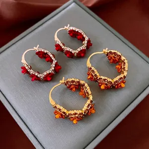 Boucles D'oreilles Créoles En Cuivre Plaqué Or Avec Fleur De Rose 3D Et Strass Clair Bijoux Vintage Élégant Style Français Pour Femme