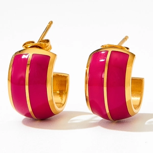 Retro geometric C-shape stainless steel earrings with hot pink enamel and gold plating