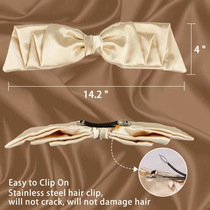 Detail of champagne satin bow hair clip showing elegant texture and 14.2 inch size
