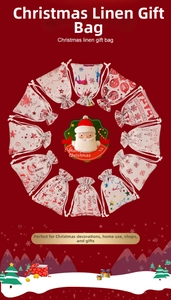 Macro detail of 12 festive Christmas jute drawstring gift bags with various holiday patterns