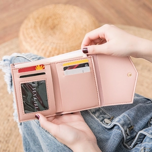 Pink pebbled leather trifold small wallet for women with tassel and card slots
