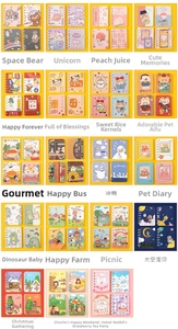 Various cute cartoon A7 spiral notebooks featuring unicorns, space bears and peach designs