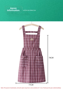 Detailed size chart for red checkered cotton apron showing dimensions 74cm height and 77cm width