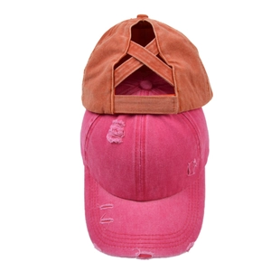 Distressed ponytail baseball cap set in pink and orange with cross elastic bands