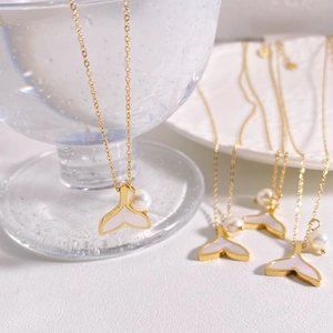 Elegant Mermaid Fish Tail Pendant Necklace Stainless Steel Golden Plated Freshwater Pearl Mother Of Pearl Shell Jewelry