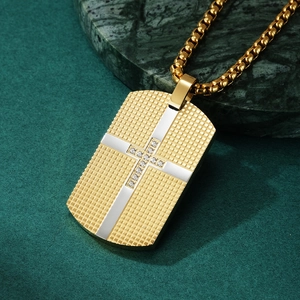 Men's gold titanium dog tag necklace with CNC stone-set cross pendant and box chain