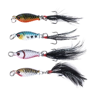 Set of four 2.5cm 4g mini metal fishing lures with 3D eyes and feather treble hooks