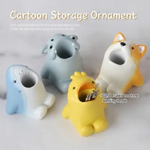 Cartoon Animal Nail Drill Bit Holder Resin Desktop Organizer Storage Ornament Manicure Tool Corgi Shark Hippo Decor