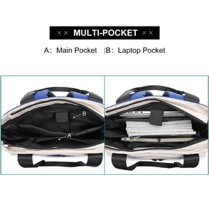 Detail showing multi-pocket interior with main and laptop compartments in beige and blue