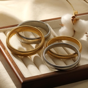 Flexible Coil Bangle Bracelet Women Vintage French Textured Stainless Steel 18K Gold Plated Spring Metal Jewelry