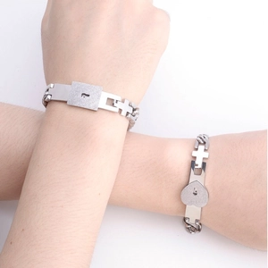Matching 7MM stainless steel couple bracelet set with heart lock and key charms