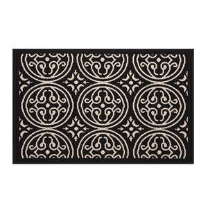 Luxury black kitchen mat with beige woven scroll pattern for anti-slip floor decor