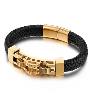 Mens punk woven leather bracelet with golden stainless steel moving gear components