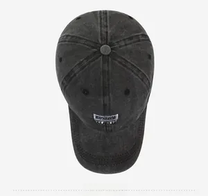 Top-down view of a vintage washed black baseball cap with Brooklyn letter embroidery