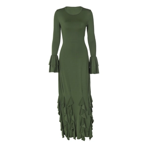 Robe moulante vert armée à manches longues évasées et ourlet à volants sirène