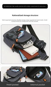 Detail of dark camo crossbody bag showing internal compartments and orange zipper