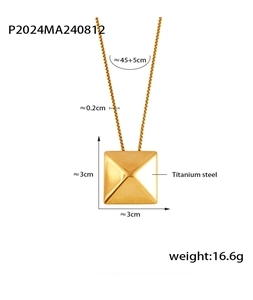 Detailed technical diagram showing dimensions of the gold 3D geometric square pendant necklace
