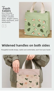 Detail view of canvas tote bags with avocado print and reinforced wide woven handles