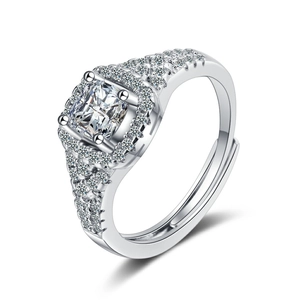 Sparkling silver zircon ring with square centerpiece and adjustable open band for women