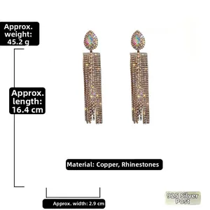 Detailed size specifications for rhinestone waterdrop tassel earrings with 925 silver needles