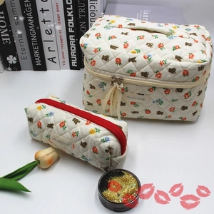 Detailed close-up of quilted floral bear makeup bag with high-quality zipper and fabric tag