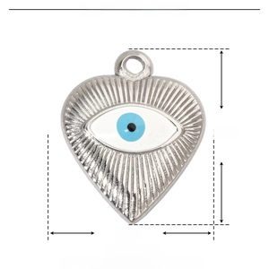 Detail view of heart-shaped evil eye pendant with 20mm x 16mm size and weight specs