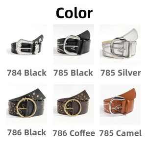 Collage of vintage studded leather belts in various colors with rhinestone buckles