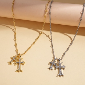 18k gold plated double cross pendant necklaces with sparkling crystals in gold and silver