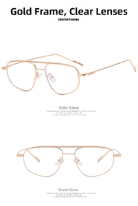 Detail of rose gold aviator glasses with double bridge and clear lenses on white background