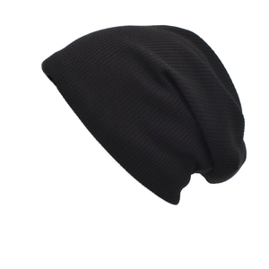 Slouchy black waffle knit beanie for women, minimalist casual spring autumn headwear