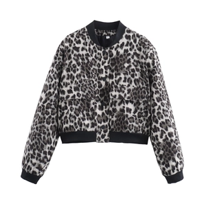 Detail of leopard print bomber jacket featuring front flap pockets and ribbed stand collar